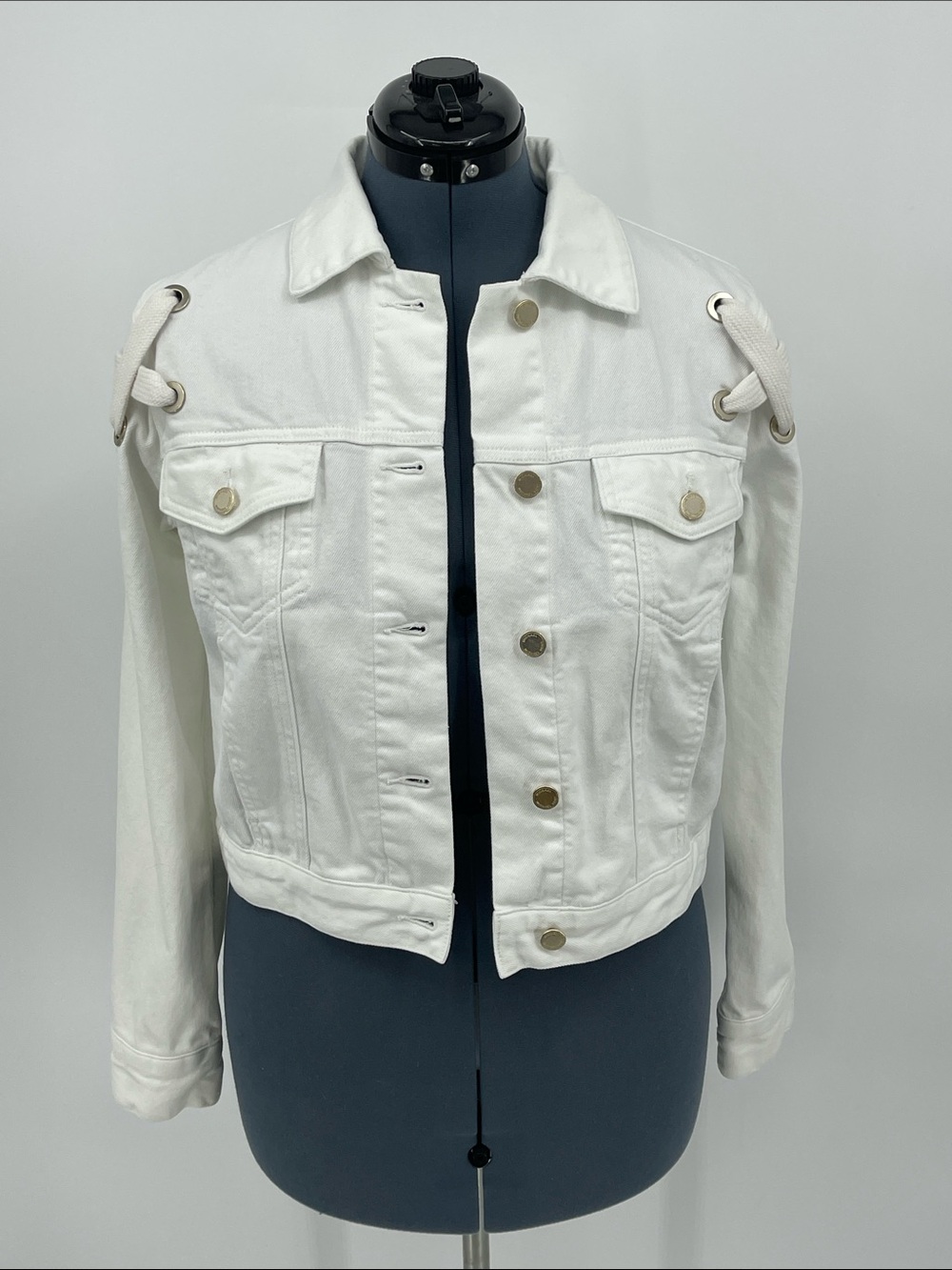 Michael Kors White Lace-Up Shoulder Cropped Denim Jacket SIZE S